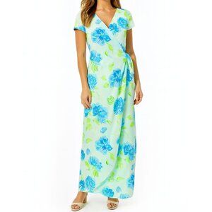 Lilly Pulitzer Blue Green Floral‎  Wrap Maxi Dress Size 2 New